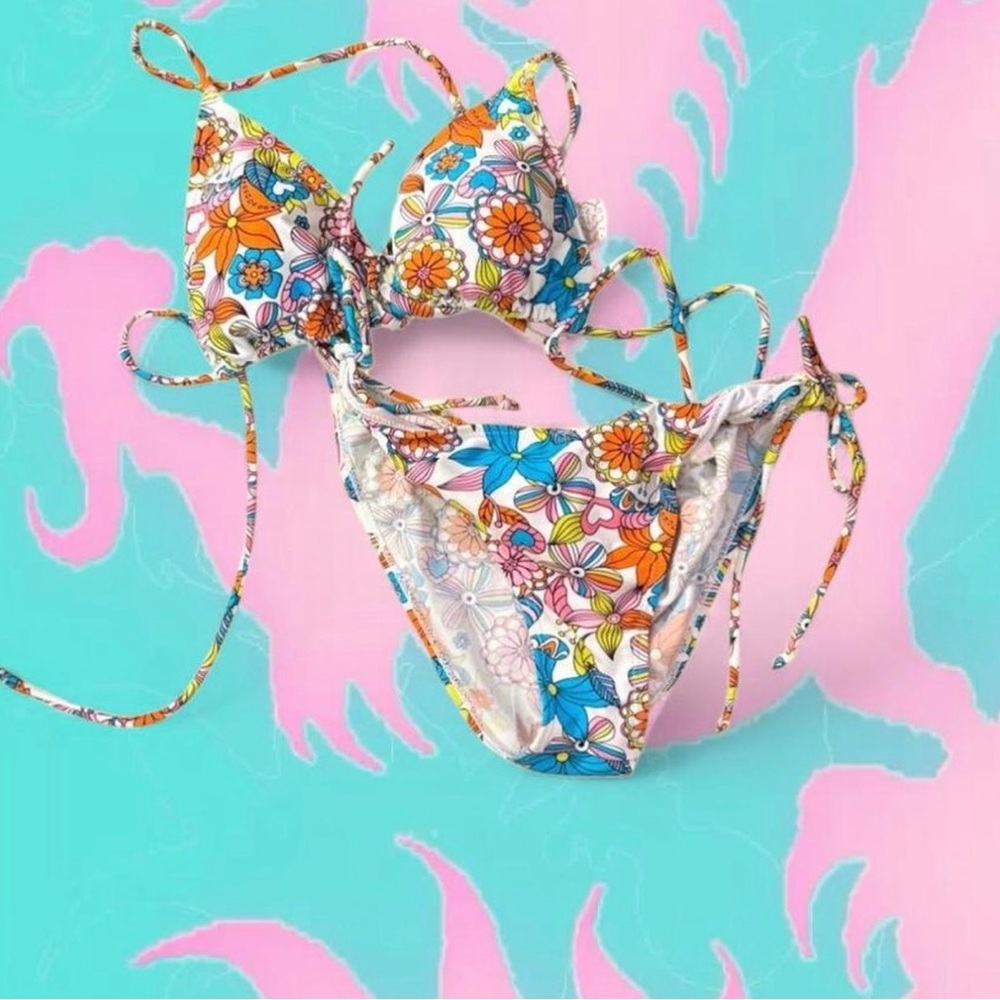 Floral Tie-Side Bikini Set in White, Orange & Blue